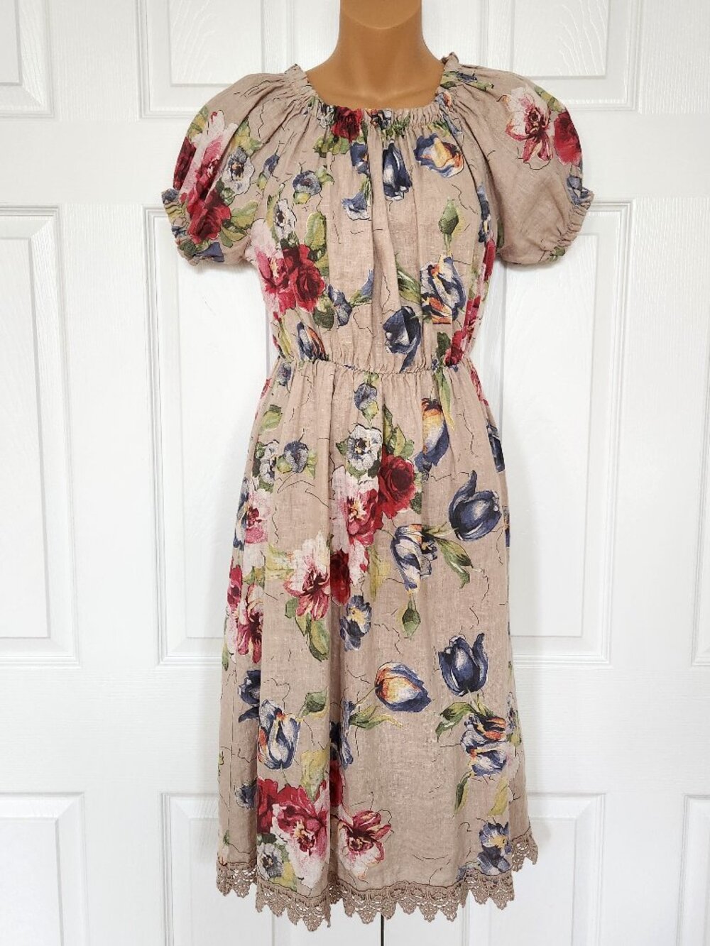 ELENA BALDI ITALY COTAGGECORE PEASANT STYLE 100% LINEN DRESS SIZE S  NWT